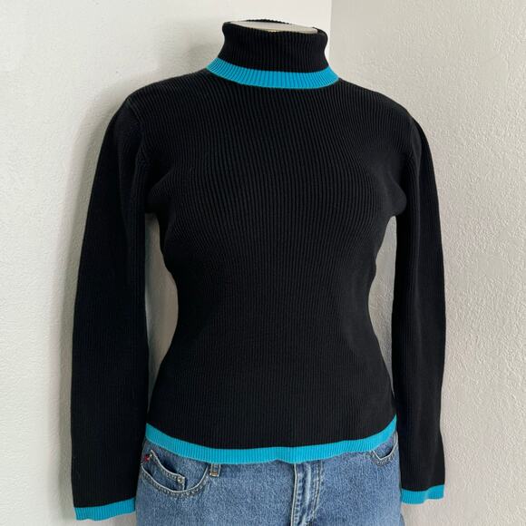 Vintage 90s Black Blue Long Sleeve Turtle Neck Sweater Size Large - Picture 1 of 8